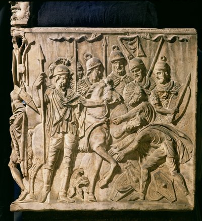 Relief from a sarcophagus depicting the submission of a barbarian to a Roman troop by Roman